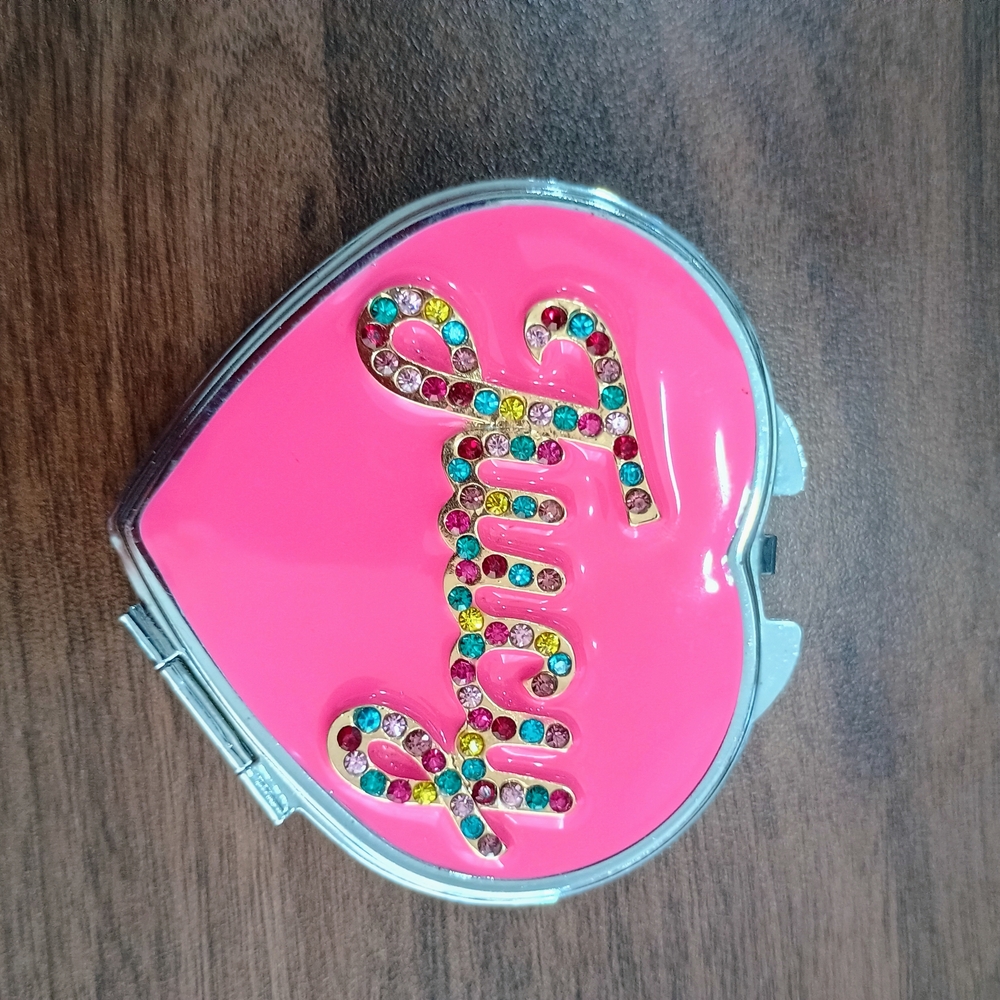 Pink Heart Compact Mirror with Multicolor Rhinestones